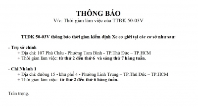 Thông báo thời gian làm việc của TTĐK 50-03V
